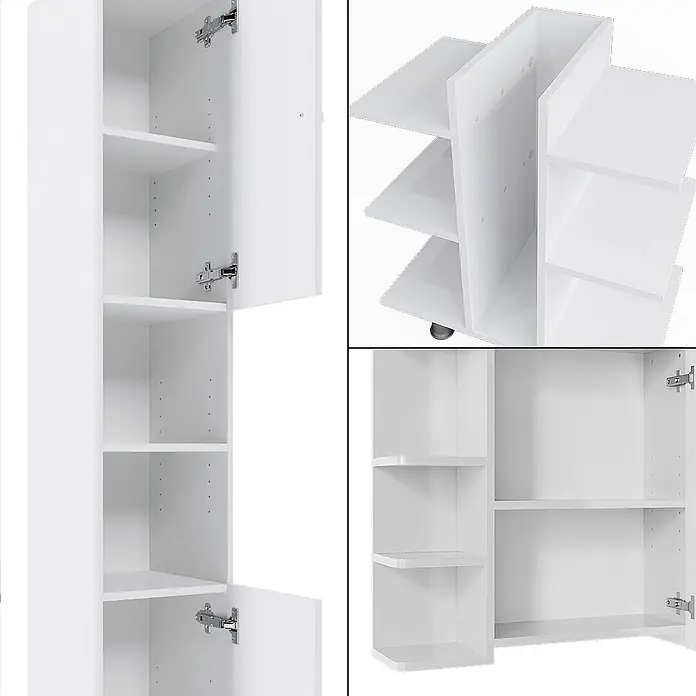 Vicco Badmöbel-Set Fynn Weiß 3 Teile, mit Hochschrank - Gesamtbreite Badmöbel: 90 cm, Weiß, Matt - Weißer drehbarer Aufbewahrungsschrank mit offenen und geschlossenen Fächern, Flügeltüren und Rollen.