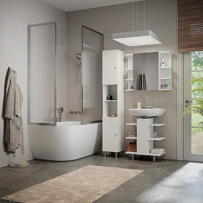 Vicco Badmöbel-Set Fynn Weiß 3 Teile, mit Hochschrank - Gesamtbreite Badmöbel: 90 cm, Weiß, Matt - Modernes weißes Badmöbel-Set mit Waschbecken, Stauraum und Badewanne.