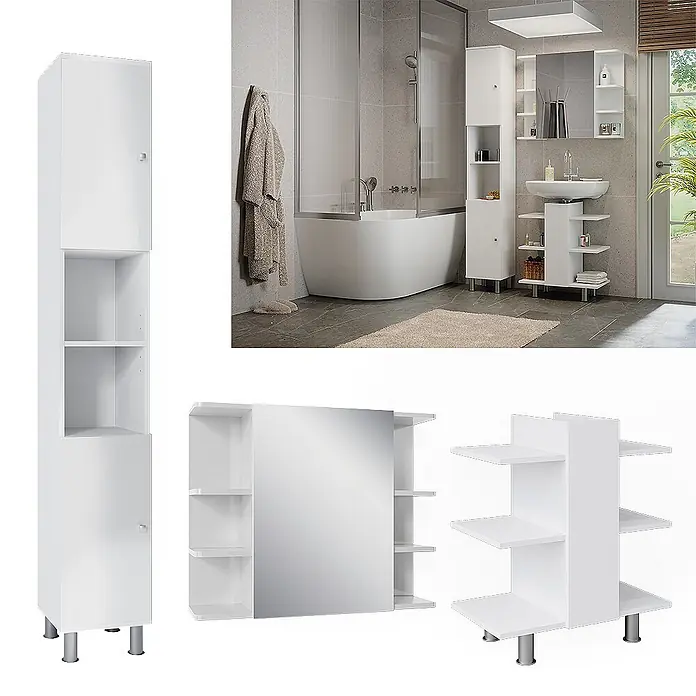 Vicco Badmöbel-Set Fynn Weiß 3 Teile, mit Hochschrank - Gesamtbreite Badmöbel: 90 cm, Weiß, Matt - Weißes Badmöbel-Set: Hochschrank, Spiegelschrank, Waschtischunterschrank mit Regalen.