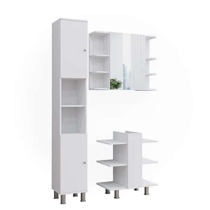 Vicco Badmöbel-Set Fynn Weiß 3 Teile, mit Hochschrank - Gesamtbreite Badmöbel: 90 cm, Weiß, Matt - Set aus weißen Badmöbeln: Hochschrank, Spiegelschrank und kleines Regal.