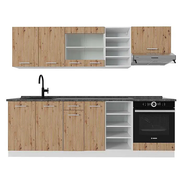 Vicco Küchenzeile R-Line Artisan Eiche/Weiß, AP Anthrazit - Breite: 240 cm, Artisan-Eiche, Ohne Elektrogeräte - Moderne Küchenzeile mit hellen Holzoptik-Rippenschränken, schwarzer Arbeitsplatte, Spüle, Backofen und Dunstabzugshaube, inklusive offener weißer Regale.