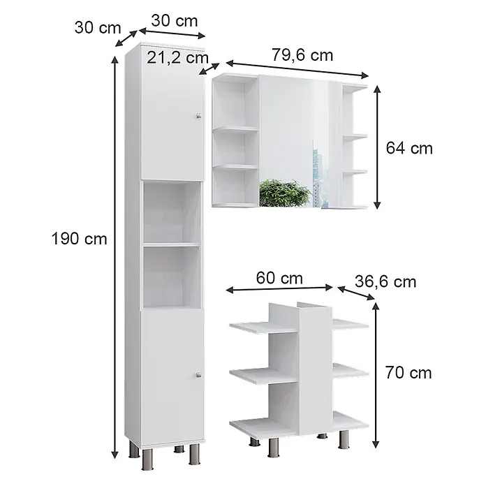 Vicco Badmöbel-Set Fynn Weiß 3 Teile, mit Hochschrank - Gesamtbreite Badmöbel: 90 cm, Weiß, Matt - Weißes Badezimmer-Möbelset mit Hochschrank, Spiegelschrank und Regal, alle Maße angegeben.