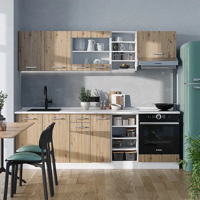 Vicco Küchenzeile R-Line Artisan Eiche/Weiß, AP Eiche - Artisan-Eiche, Ohne Elektrogeräte - Moderne Küche mit hellen Holzschränken mit vertikalen Lamellen, weißen Arbeitsplatten und integrierten Geräten. Mit Spüle, Backofen und offenem Regal.