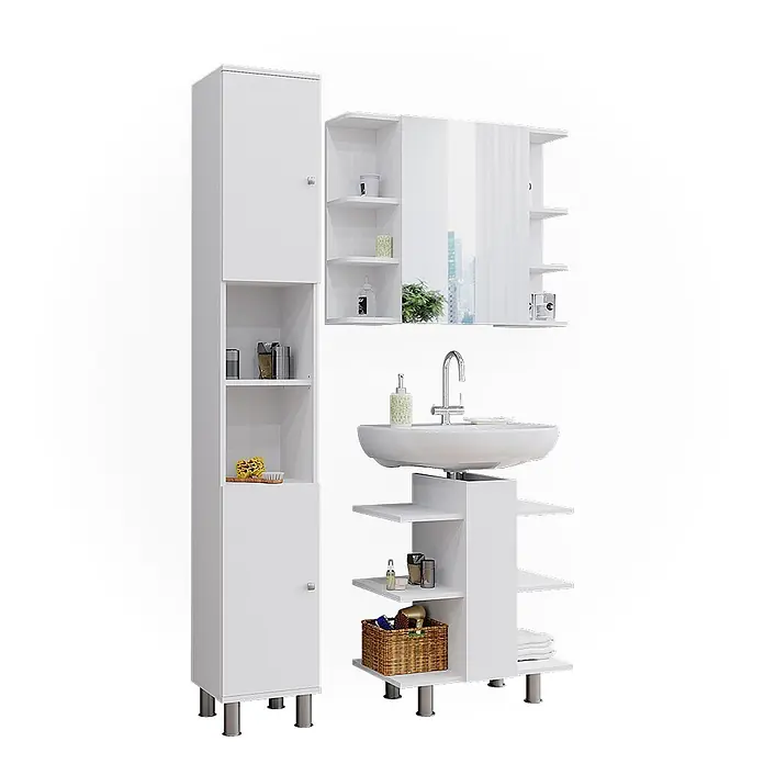 Vicco Badmöbel-Set Fynn Weiß 3 Teile, mit Hochschrank - Gesamtbreite Badmöbel: 90 cm, Weiß, Matt - Weißes modulares Badmöbelset: Hochschrank, Spiegelschrank, Waschtisch mit Waschbecken und offenen Regalen.