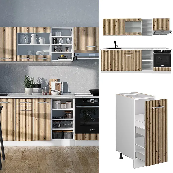 Vicco Küchenzeile R-Line Artisan Eiche/Weiß ohne Arbeitsplatte - Artisan-Eiche, Ohne Elektrogeräte - Modulare Küchenschränke mit hellen Holzlamellenfronten und weißen Innenseiten, in moderner Kücheneinrichtung mit Geräten.
