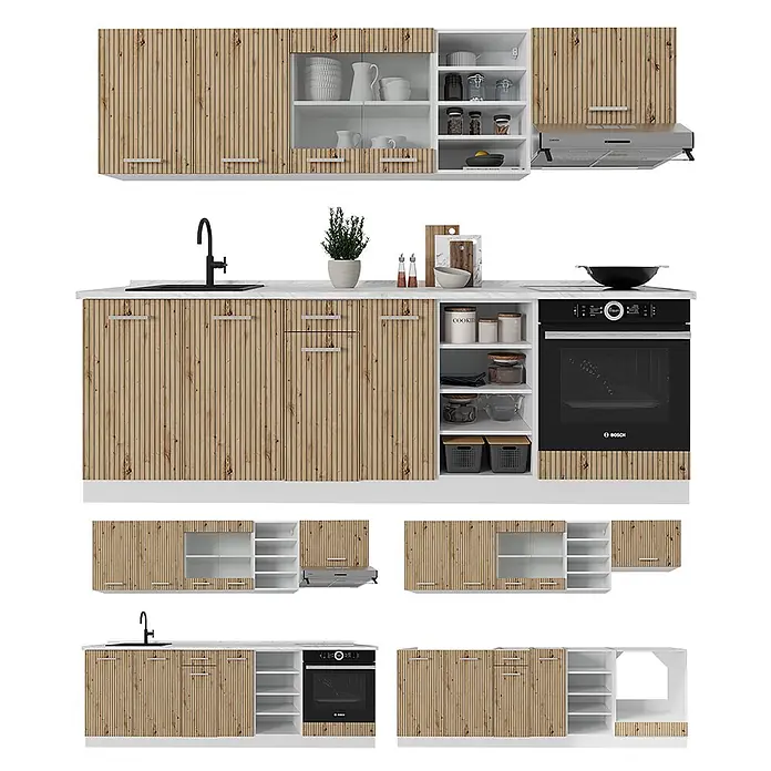 Vicco Küchenzeile R-Line Artisan Eiche/Weiß, AP Eiche - Artisan-Eiche, Ohne Elektrogeräte - Küchenmöbel-Set mit hellen Holzlamellenfronten, weißer Arbeitsplatte, schwarzem Spülbecken und Backofen. Oberschränke und Unterschränke enthalten.