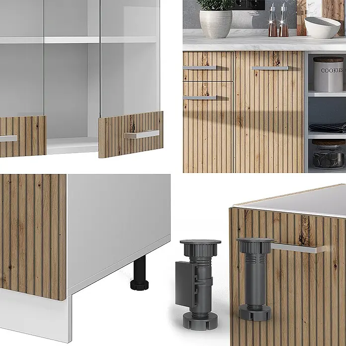 Vicco Küchenzeile R-Line Artisan Eiche/Weiß, AP Eiche - Artisan-Eiche, Ohne Elektrogeräte - Moderne Küchenschränke mit gerippten Holzfronten, weißen Rahmen, silbernen Griffen und verstellbaren schwarzen/grauen Möbelfüßen.