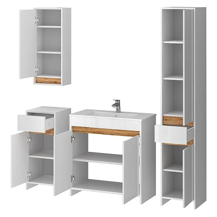 Vicco Badmöbel-Set Lemgo Weiß Hochglanz 5er-Set - Gesamtbreite Badmöbel: 149,8 cm, Weiß Hochglanz, Glänzend - Weiß-braune Badezimmermöbel-Garnitur mit Waschtischunterschrank, Hängeschrank und Hochschränken, teils offen mit Regalen und Schubladen.