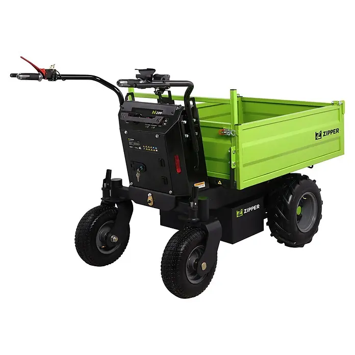 Zipper Raddumper ZI-ED600 - 48 V, 1 Akku, Traglast: 600 kg, Fassungsvermögen: 220 l - Grüne und schwarze Elektro-Schubkarre mit robusten Reifen, zum Materialtransport geeignet.