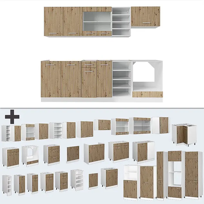 Vicco Küchenzeile R-Line Artisan Eiche/Weiß, AP Eiche - Artisan-Eiche, Ohne Elektrogeräte - Modulare Küchenschränke mit hellen Holzmaserungstüren und weißen Rahmen, verschiedene Konfigurationen für die Küchenaufbewahrung zeigend.