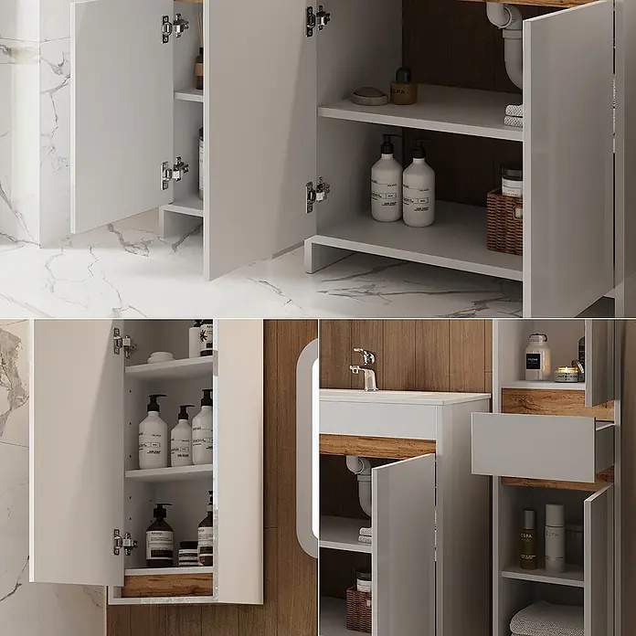 Vicco Badmöbel-Set Lemgo Weiß Hochglanz 5er-Set - Gesamtbreite Badmöbel: 149,8 cm, Weiß Hochglanz, Glänzend - Moderne weiße Badmöbel mit Waschbecken und passendem Wandschrank, mit Holzoptik-Akzenten und viel Stauraum.