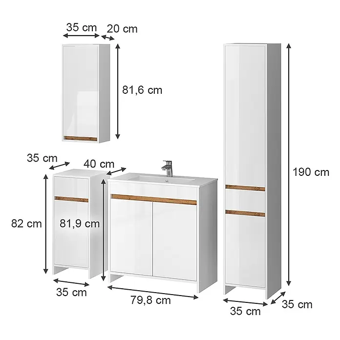 Vicco Badmöbel-Set Lemgo Weiß Hochglanz 5er-Set - Gesamtbreite Badmöbel: 149,8 cm, Weiß Hochglanz, Glänzend - Weißes Badmöbel-Set mit Waschbeckenunterschrank, Hochschrank, Wandschrank und Beistellschrank, mit Holzdetails und Maßen.