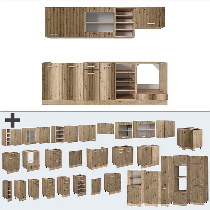 Vicco Küchenzeile R-Line Artisan-Eiche/Goldkraft Eiche, AP Eiche - Artisan-Eiche, Ohne Elektrogeräte - Modulare Küchenschränke aus hellem Holz mit gerippter Textur, als Gesamtbild und Einzelmodule gezeigt.