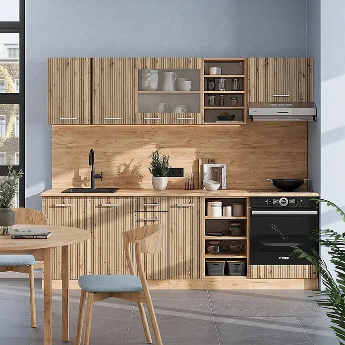 Vicco Küchenzeile R-Line Artisan-Eiche/Goldkraft Eiche, AP Eiche - Artisan-Eiche, Ohne Elektrogeräte - Moderne Küche mit hellen Holzschränken, geriffelten Türen, glatter Arbeitsplatte, Spüle und integriertem Ofen.