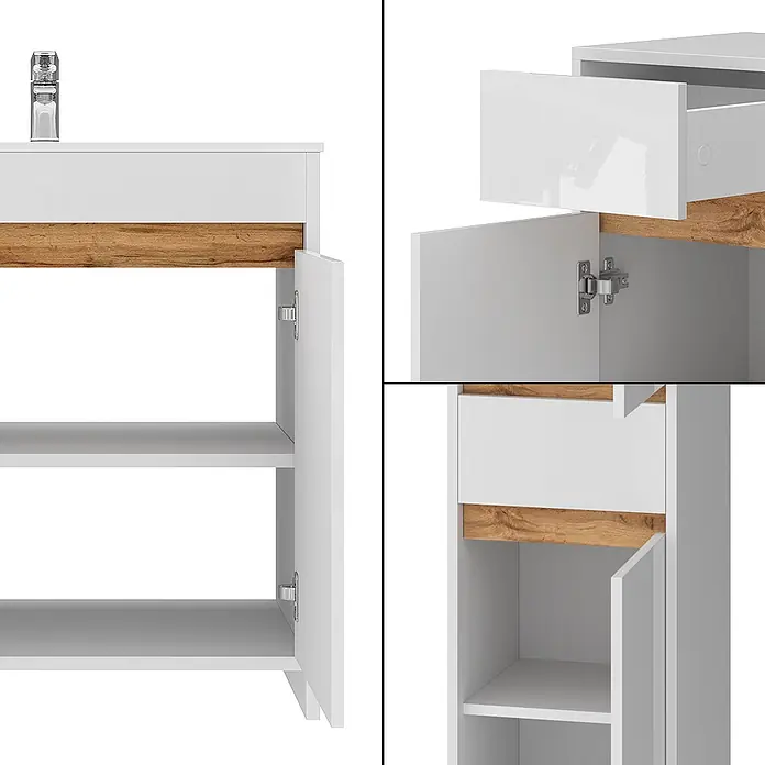 Vicco Badmöbel-Set Lemgo Weiß Hochglanz 5er-Set - Gesamtbreite Badmöbel: 149,8 cm, Weiß Hochglanz, Glänzend - Weißer Badschrank mit Holzdekor, offenen Türen, Innenregalen und einer geöffneten Schublade, mit Armatur.