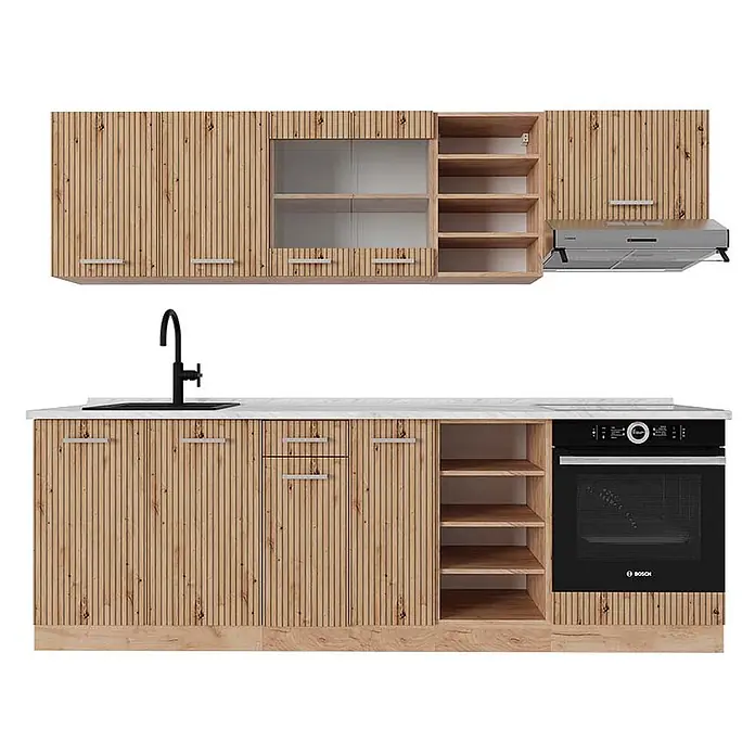 Vicco Küchenzeile R-Line Artisan-Eiche/Goldkraft Eiche, AP Marmor - Breite: 240 cm, Artisan-Eiche, Ohne Elektrogeräte - Moderne Küchenschränke in heller Holzoptik mit vertikalen Lamellen, weißer Arbeitsplatte, schwarzer Spüle, Backofen und Dunstabzugshaube.