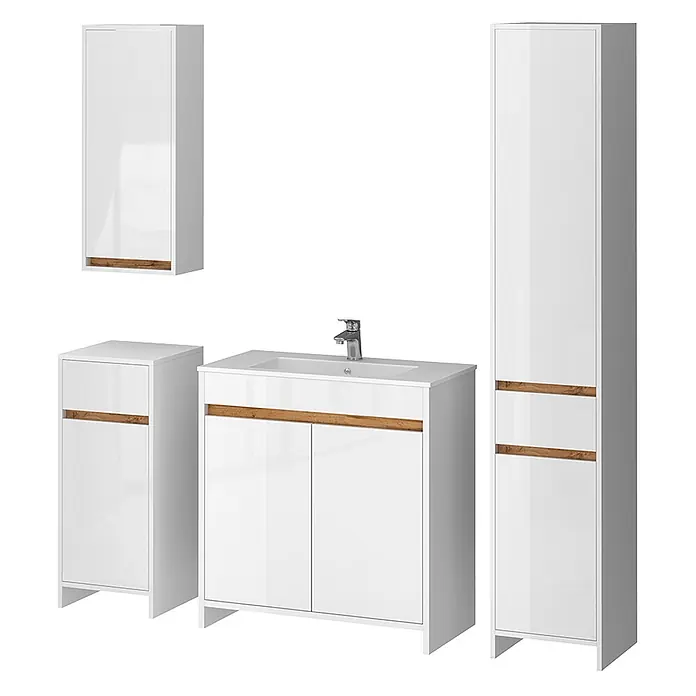Vicco Badmöbel-Set Lemgo Weiß Hochglanz 5er-Set - Gesamtbreite Badmöbel: 149,8 cm, Weiß Hochglanz, Glänzend - Badmöbelset Hochglanz weiß mit Holzakzenten, Waschtisch mit Waschbecken und Armatur, Hochschrank, Unterschrank, Hängeschrank.