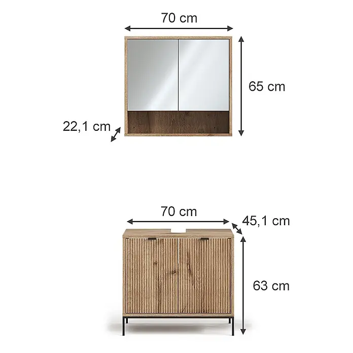 Vicco Badmöbel-Set Eliza Viking Oak 2 Teile - Gesamtbreite Badmöbel: 70 cm, Viking Oak, Matt - Set aus Badmöbeln aus Holz: Spiegelschrank mit zwei Türen und Waschtischunterschrank mit strukturierten Fronten.