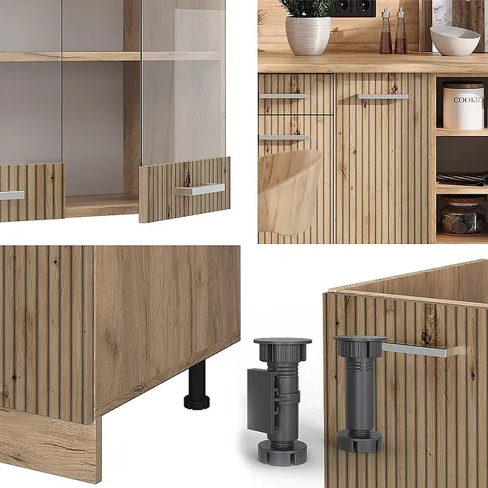 Vicco Küchenzeile R-Line Artisan-Eiche/Goldkraft Eiche, AP Eiche - Artisan-Eiche, Ohne Elektrogeräte - Modulare Küchenschränke aus hellem Holz mit vertikaler Riffelung, Glastüren, Metallgriffen und verstellbaren Möbelfüßen.