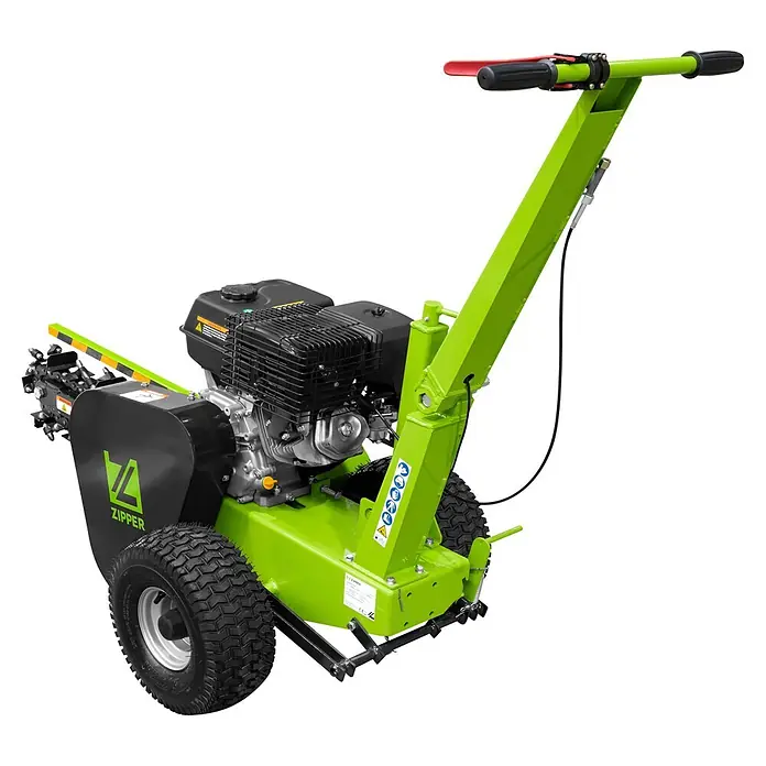 Zipper Grabenfräse ZI-GRF1000 - 9 kW, Tankvolumen: 6,5 l, Seilzug - Grüner und schwarzer, motorbetriebener Baumstumpffräse mit großen Rädern und robuster Fräskette zur effektiven Wurzelentfernung.