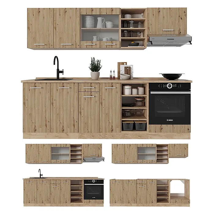 Vicco Küchenzeile R-Line Artisan-Eiche/Goldkraft Eiche, AP Eiche - Artisan-Eiche, Ohne Elektrogeräte - Moderne Küchenzeile aus hellem Holz mit vertikaler Lamellenstruktur, inklusive Ober- und Unterschränken, Spüle, Ofen und Kochfeld.