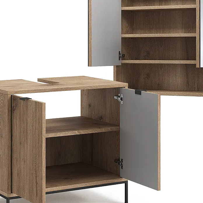 Vicco Badmöbel-Set Eliza Viking Oak 2 Teile - Gesamtbreite Badmöbel: 70 cm, Viking Oak, Matt - Hölzerner Waschtischunterschrank mit grauen Türen, offenen Fächern und Waschbeckenausschnitt. Eine Tür ist gerillt.