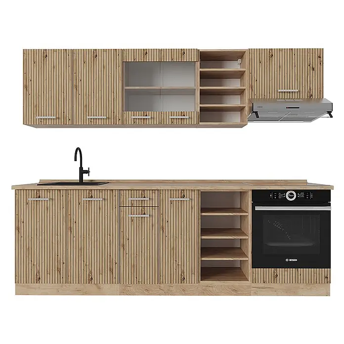 Vicco Küchenzeile R-Line Artisan-Eiche/Goldkraft Eiche, AP Eiche - Breite: 240 cm, Artisan-Eiche, Ohne Elektrogeräte - Modernes helles Holz geriffeltes Küchenschrank-Set mit schwarzer Spüle, Backofen und Dunstabzugshaube.
