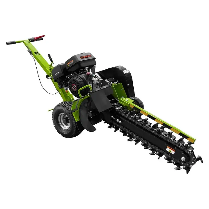 Zipper Grabenfräse ZI-GRF1000 - 9 kW, Tankvolumen: 6,5 l, Seilzug - Grüner und schwarzer Grabenfräse mit Benzinmotor, tiefer Grabkette und robusten Rädern für Erdarbeiten.