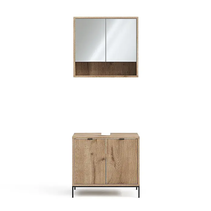 Vicco Badmöbel-Set Eliza Viking Oak 2 Teile - Gesamtbreite Badmöbel: 70 cm, Viking Oak, Matt - Badschrank-Set aus Holz mit geriffelten Türen und passendem Spiegelschrank.