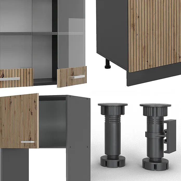 Vicco Küchenzeile R-Line, Artisan-Eiche, 300 cm -  - Modulares anthrazitfarbenes Schranksystem mit hellen Holzlamellenfronten, Glastüren und verstellbaren Möbelfüßen.