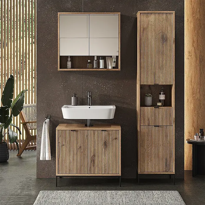 Vicco Badmöbel-Set Eliza Viking Oak 3 Teile, mit Hochschrank - Gesamtbreite Badmöbel: 110 cm, Viking Oak, Matt - Gerippter Waschtisch, Spiegelschrank und Hochschrank aus Holz im modernen Bad.