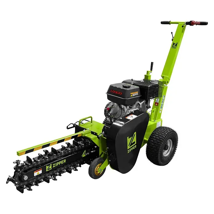 Zipper Grabenfräse ZI-GRF1000 - 9 kW, Tankvolumen: 6,5 l, Seilzug - Grün-schwarze Grabenfräse mit Motor, Griffen und einer Grabkette.