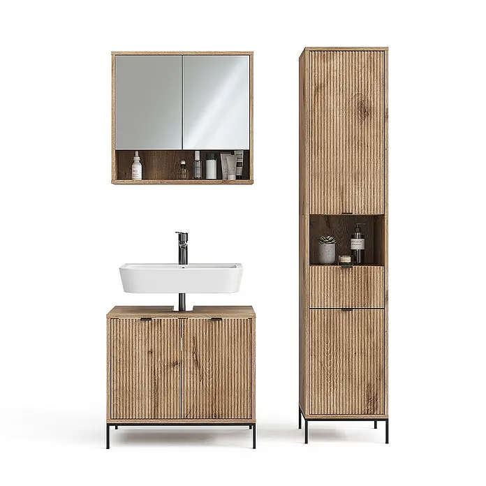 Vicco Badmöbel-Set Eliza Viking Oak 3 Teile, mit Hochschrank - Gesamtbreite Badmöbel: 110 cm, Viking Oak, Matt - Modernes Badmöbel-Set in Holzoptik mit Rillenstruktur, bestehend aus Waschtisch, Spiegelschrank und Hochschrank.