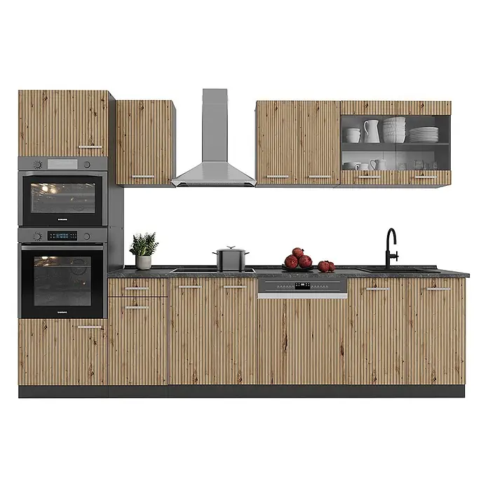 Vicco Küchenzeile R-Line Artisan Eiche/Anthrazit mit Hochschrank, AP Eiche - Breite: 300 cm, Artisan-Eiche, Ohne Elektrogeräte - Moderne Küche mit hellen Holzlamellenfronten, dunkler Arbeitsplatte und integrierten Edelstahlgeräten wie Öfen, Dunstabzugshaube, Spüle, Spülmaschine.