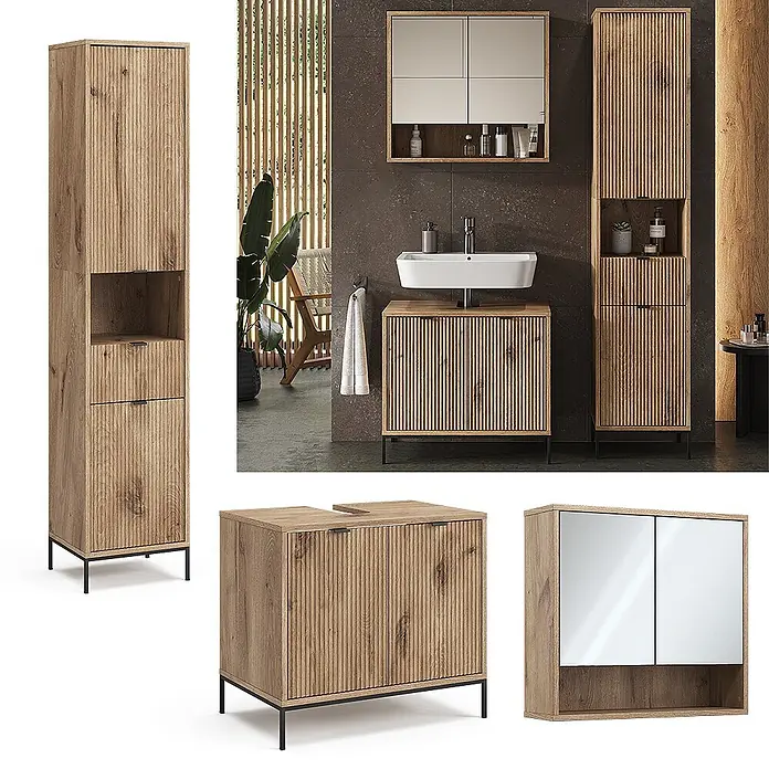 Vicco Badmöbel-Set Eliza Viking Oak 3 Teile, mit Hochschrank - Gesamtbreite Badmöbel: 110 cm, Viking Oak, Matt - Ein Set moderner, geriffelter Badezimmermöbel aus hellem Holz: Waschtisch, Hochschrank, Spiegelschrank, in einem Bad dargestellt.