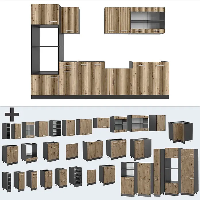Vicco Küchenzeile R-Line, Artisan-Eiche, 300 cm -  - Modulare Küchenschränke in Holzoptik mit geriffelten Fronten und dunkelgrauen Korpi. Vielseitige Elemente für individuelle Küchengestaltung.
