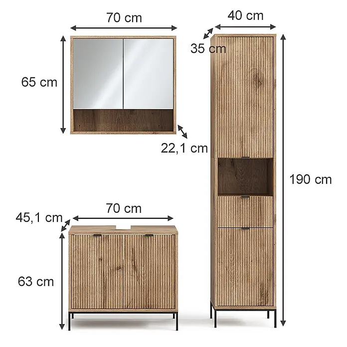 Vicco Badmöbel-Set Eliza Viking Oak 3 Teile, mit Hochschrank - Gesamtbreite Badmöbel: 110 cm, Viking Oak, Matt - Badezimmermöbel-Set in heller Holzoptik: Spiegelschrank, Waschbeckenunterschrank und Hochschrank mit geriffelter Textur.
