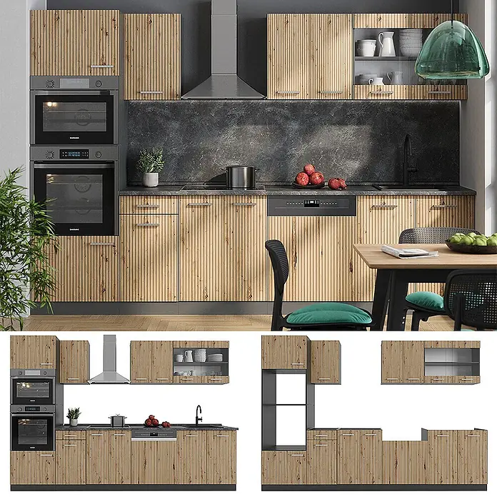Vicco Küchenzeile R-Line Artisan Eiche/Anthrazit mit Hochschrank, AP Eiche - Breite: 300 cm, Artisan-Eiche, Ohne Elektrogeräte - Moderne Küche mit hellen Holzlamellenfronten, dunklen Arbeitsplatten und integrierten Geräten. Inklusive Backöfen, Kochfeld, Spüle und Geschirrspüler.