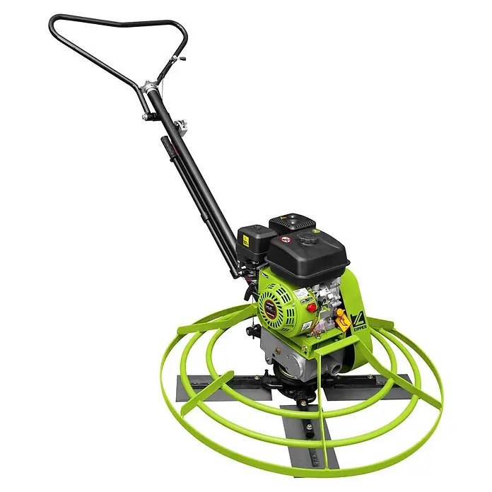 Zipper Betonglätter ZI-BG100Y - 4,1 kW, Tankvolumen: 3,6 l - Eine leuchtend grüne und schwarze handgeführte Beton-Glättmaschine mit Motor und Schutzring um die Glättflügel.