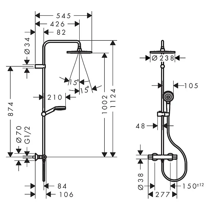 Hansgrohe Duschsystem Moventa S 240 - Lochabstand: 138 cm - 162 cm, Anzahl Strahlarten: 1 Stk. - Technische Zeichnung einer Duschsäule mit Kopf- und Handbrause, Vorder- und Seitenansicht mit allen Maßen.