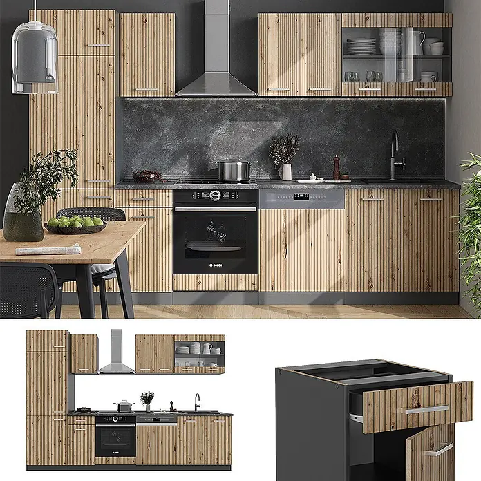 Vicco Küchenzeile R-Line Artisan Eiche/Anthrazit, AP Anthrazit - Breite: 300 cm, Artisan-Eiche, Ohne Elektrogeräte - Komplette Küche mit Holzoptik-Schränken mit vertikalen Lamellen, integriertem Backofen und Geschirrspüler in modernem Ambiente.
