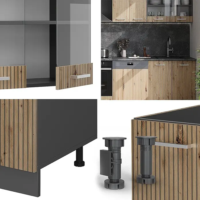 Vicco Küchenzeile R-Line Artisan Eiche/Anthrazit, AP Anthrazit - Breite: 300 cm, Artisan-Eiche, Ohne Elektrogeräte - Modulares Küchenschranksystem mit hellen Holzlamellenfronten, dunkelgrauen Korpen und verstellbaren grauen Kunststofffüßen.