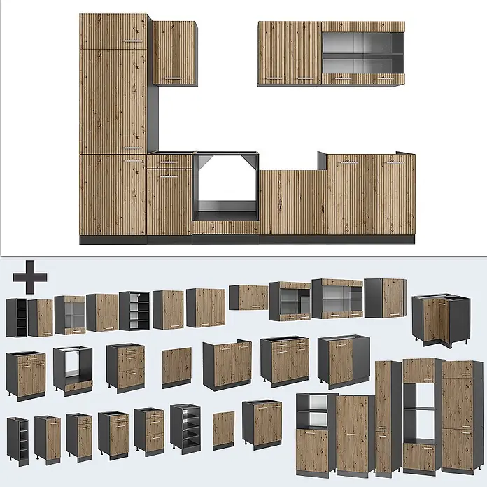 Vicco Küchenzeile R-Line Artisan Eiche/Anthrazit, AP Anthrazit - Breite: 300 cm, Artisan-Eiche, Ohne Elektrogeräte - Modulare Küchenschränke mit gerippten hellen Holzfronten und dunkelgrauen Rahmen.