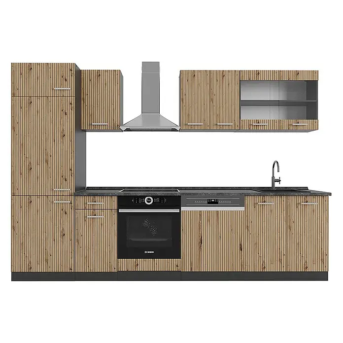 Vicco Küchenzeile R-Line Artisan Eiche/Anthrazit, AP Anthrazit - Breite: 300 cm, Artisan-Eiche, Ohne Elektrogeräte - Moderne Küchenzeile mit hellen Holzlamellenschränken, dunkler Arbeitsplatte, integriertem Backofen, Kochfeld, Geschirrspüler, Spüle und Dunstabzugshaube.