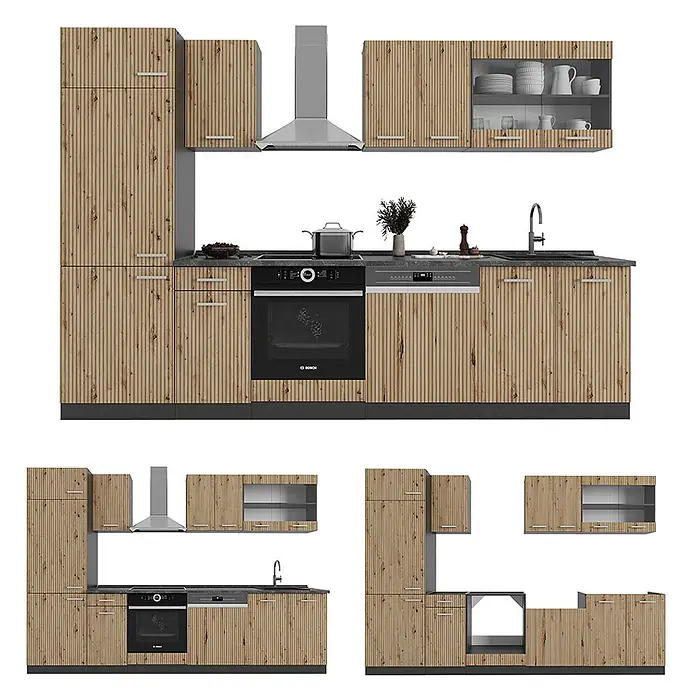 Vicco Küchenzeile R-Line Artisan Eiche/Anthrazit, AP Anthrazit - Breite: 300 cm, Artisan-Eiche, Ohne Elektrogeräte - Modulare Küchenmöbel aus hellem Holz mit vertikaler Lamellenoptik, dunklen Arbeitsplatten und integrierten Geräten.