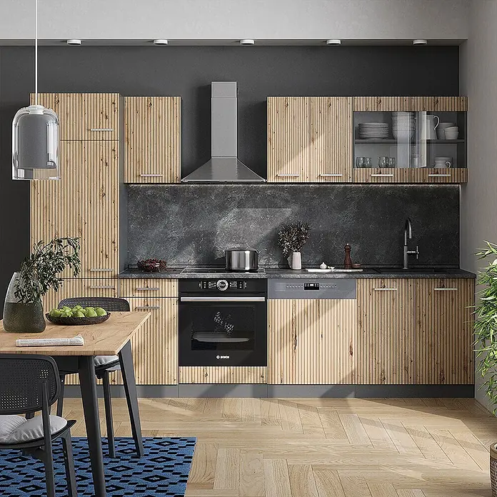 Vicco Küchenzeile R-Line Artisan Eiche/Anthrazit, AP Anthrazit - Breite: 300 cm, Artisan-Eiche, Ohne Elektrogeräte - Moderne Küche mit Lamellenholzschränken, dunkler Arbeitsplatte, integriertem Backofen und Geschirrspüler.
