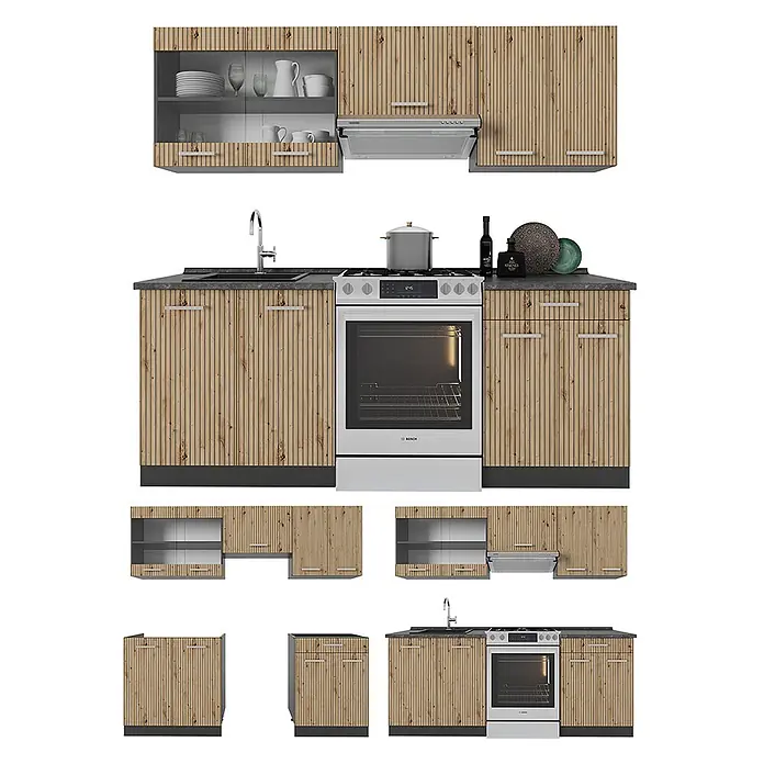 Vicco Küchenzeile R-Line Artisan Eiche/Anthrazit, AP Eiche - Breite: 200 cm, Artisan-Eiche, Ohne Elektrogeräte - Modulare Küchenzeile mit hellen Holzlamellenschränken, dunkler Arbeitsplatte, integrierter Spüle, Herd und Dunstabzugshaube.
