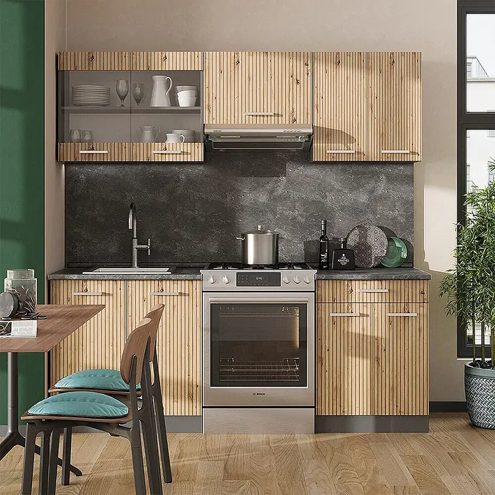 Vicco Küchenzeile R-Line Artisan Eiche/Anthrazit, AP Eiche - Breite: 200 cm, Artisan-Eiche, Ohne Elektrogeräte - Moderne Küche mit hellen Holzlamellenfronten, dunkler Arbeitsplatte und Edelstahlgeräten in zeitgemäßem Ambiente.