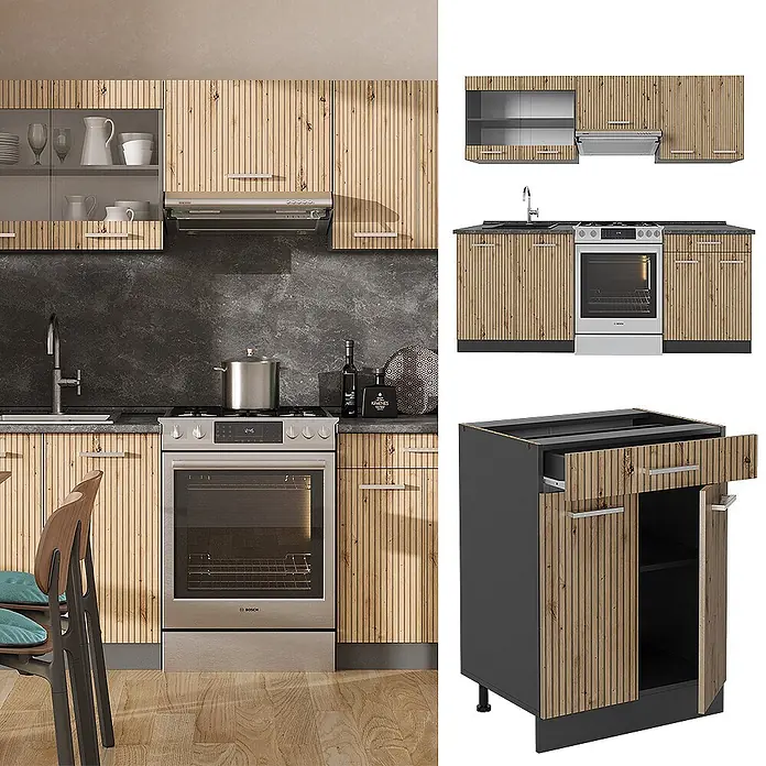 Vicco Küchenzeile R-Line Artisan Eiche/Anthrazit, AP Eiche - Breite: 200 cm, Artisan-Eiche, Ohne Elektrogeräte - Helle Holzküchenschrank-Set mit vertikaler Textur, dunkelgrauen Elementen und silbernen Griffen, einzeln und im Küchenambiente gezeigt.