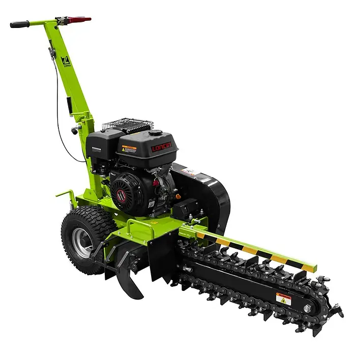 Zipper Grabenfräse ZI-GRF1000 - 9 kW, Tankvolumen: 6,5 l, Seilzug - Ein hellgrüner und schwarzer Grabenfräser mit Motor, Rädern und langer Grabkette für Erdarbeiten.